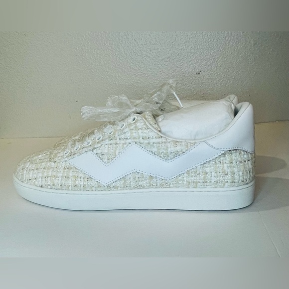 Stuart Weitzman NWT Daryl Cream White Tweed Leather Sneakers with Ribbon Laces - Picture 4 of 15